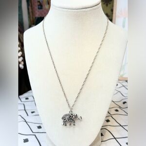 Silver Tone Elephant Pendant Necklace Rhinestone Filigree Good Luck Charm